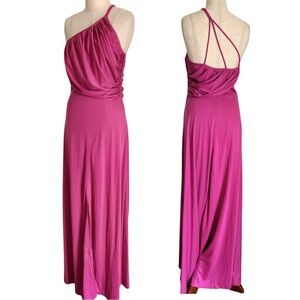 vtg 70s Glamorous Sexy Disco Strappy Pink Pink A-Line Pleated Maxi Dress Party